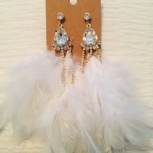 White feather jeweled drop earrings